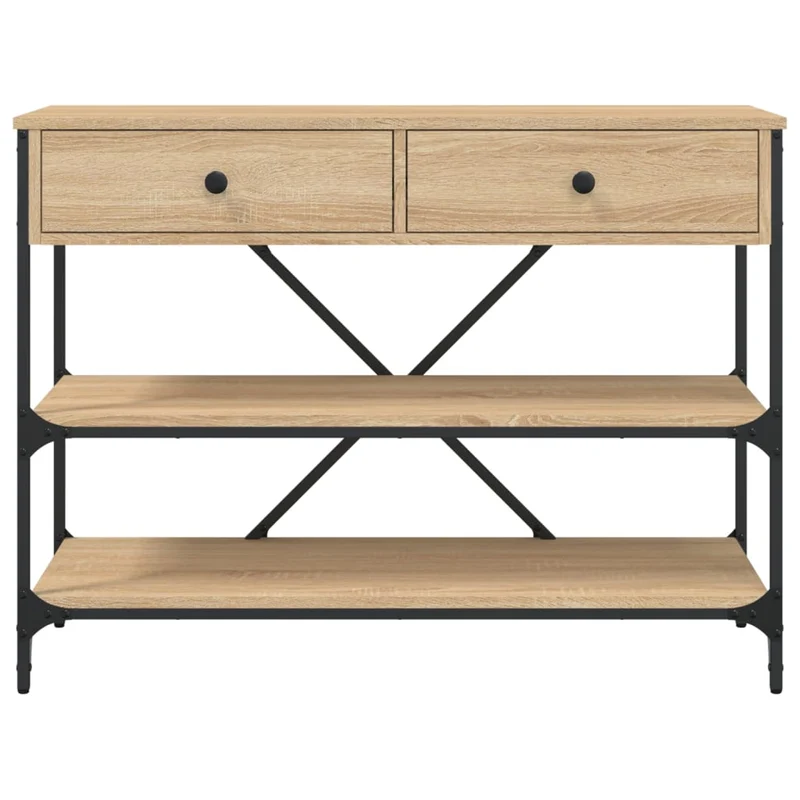Table console avec tiroirs et étagères 100 x 34,5 x 75 cm en bois d'ingénierie couleur chêne et acier DEC031635