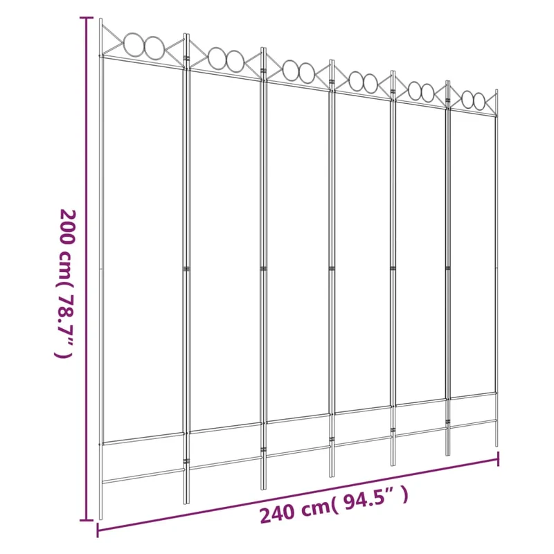 Paravent séparateur de pièce cloison 6 panneaux 240 x 200 cm tissu blanc et fer DEC031045