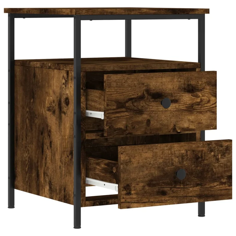 Table de chevet avec deux tiroirs et étagère 44 x 45 x 60 cm bois d'ingénierie marron et fer DEC033651