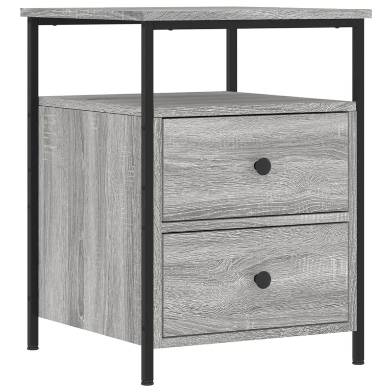 Lot de 2 tables de chevet avec deux tiroirs et étagère 44 x 45 x 60cm bois d'ingénierie gris et fer DEC035743
