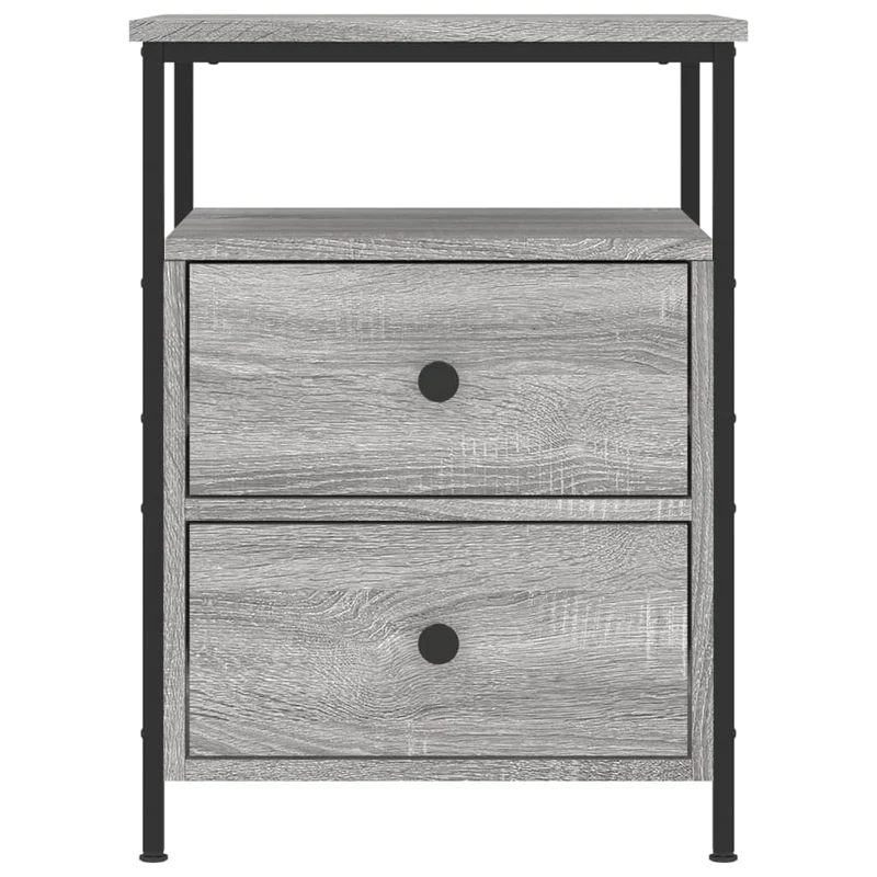 Lot de 2 tables de chevet avec deux tiroirs et étagère 44 x 45 x 60cm bois d'ingénierie gris et fer DEC035743