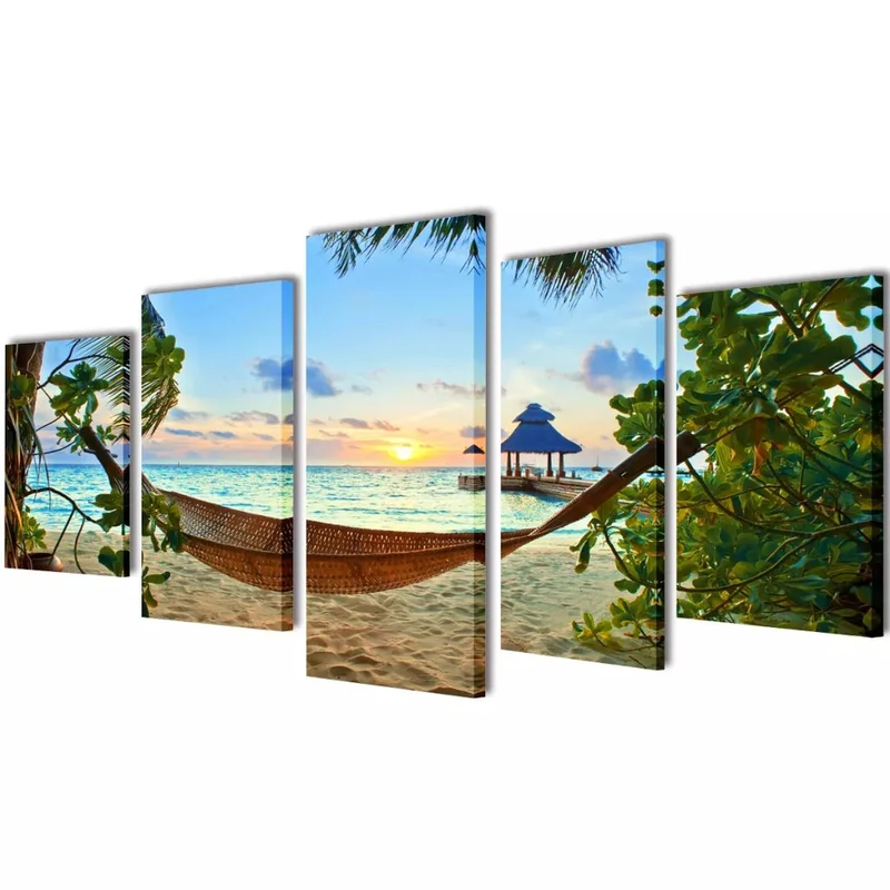Set de 5 toiles murales imprimées Plage avec hamac 100 x 50 cm DEC022934