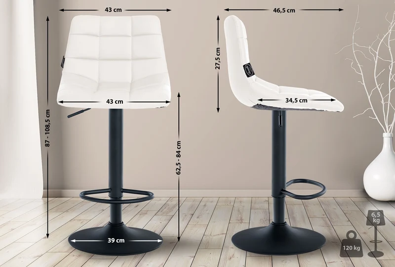 Lot de 2 tabourets de bar en synthétique blanc base métal noir mat réglable en hauteur et repose-pieds TDB10638
