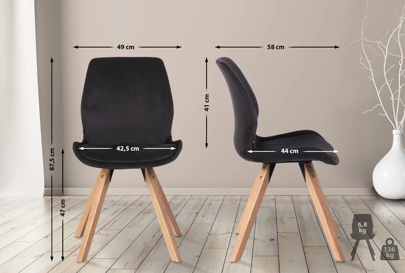 Chaise de salle à manger x1 design scandinave en velours noir et pieds en bois carrés clair 10_0002307