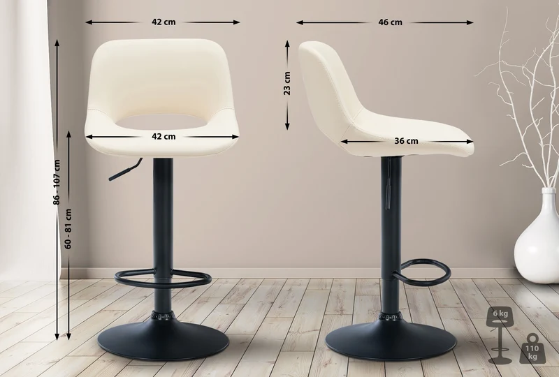 Tabouret de bar chaise haute x1 avec repose-pieds en PVC crème piètement métallique noir 10_0004585