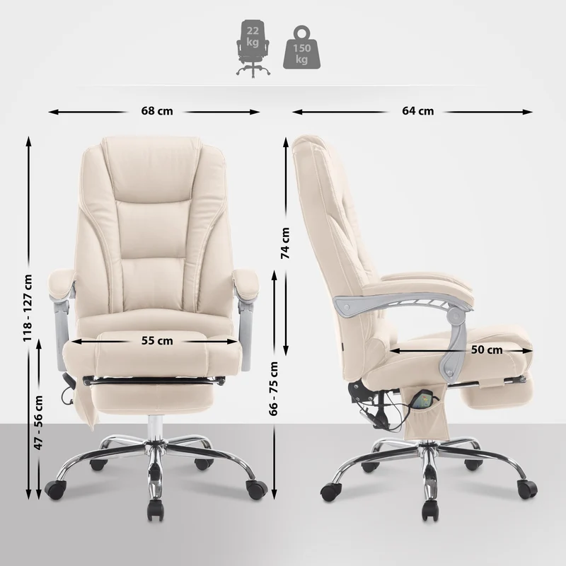 Fauteuil de bureau avec fonction massage repose-pieds dossier inclinable en PVC crème 10_0002583