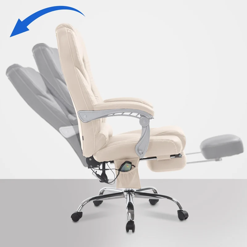 Fauteuil de bureau avec fonction massage repose-pieds dossier inclinable en PVC crème 10_0002583