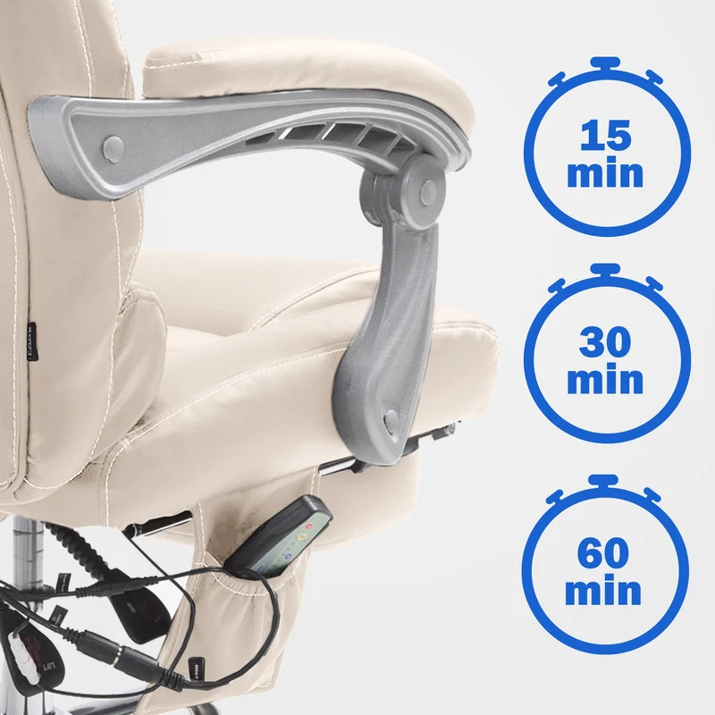 Fauteuil de bureau avec fonction massage repose-pieds dossier inclinable en PVC crème 10_0002583
