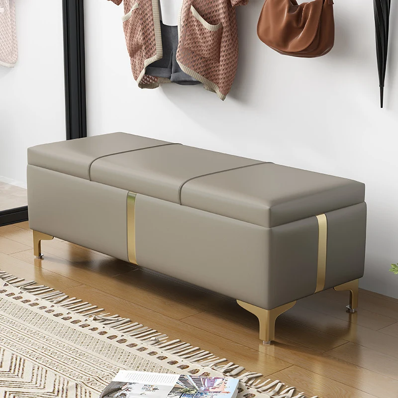 Contemporary Scandinavian Faux Leather Wood Titanium Alloy Sponge Rectangular Storage Bench Backless For Entryway