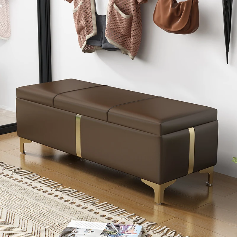 Contemporary Scandinavian Faux Leather Wood Titanium Alloy Sponge Rectangular Storage Bench Backless For Entryway