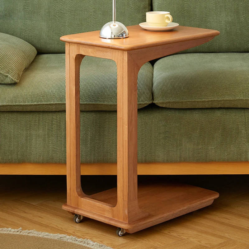 Modern Simplicity C-Shaped Rectangular Hollowed Red Oak Wood End Table Movable 2-Tier For Living Room