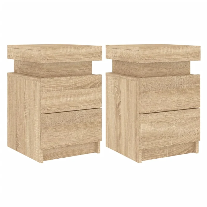 Lot de 2 tables de chevet lumières LED avec deux tiroirs 35 x 39 x 55 cm bois d'ingénierie couleur chêne DEC035968
