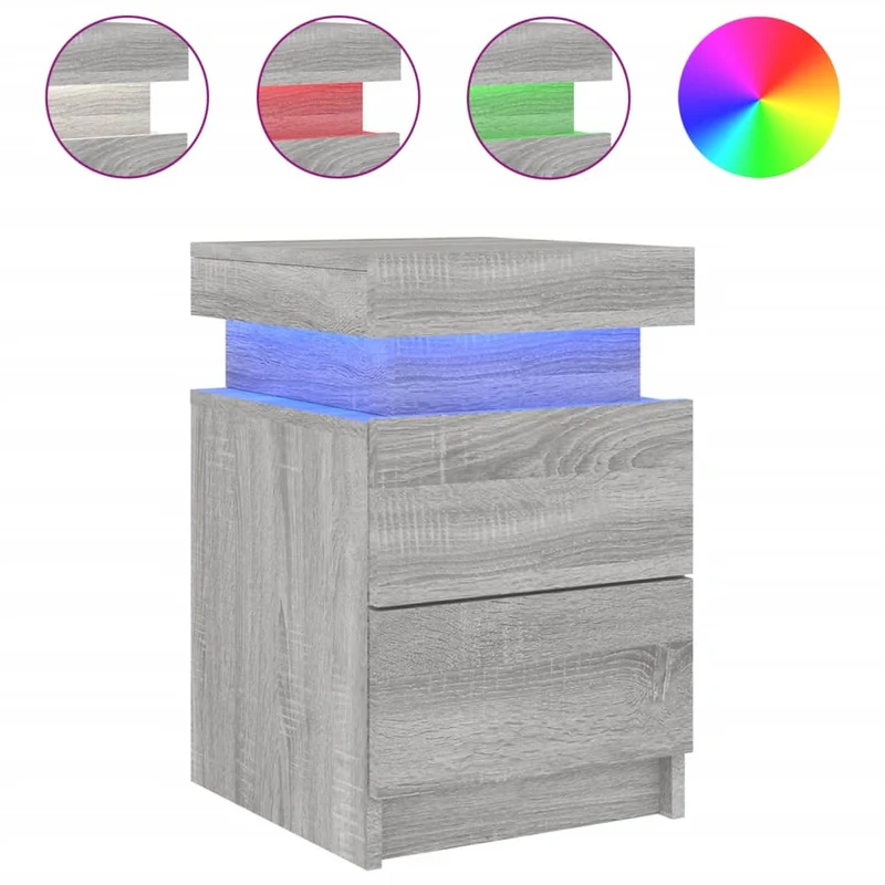 Lot de 2 tables de chevet avec lumières LED et tiroirs 35 x 39 x 55cm bois d'ingénierie gris DEC035942