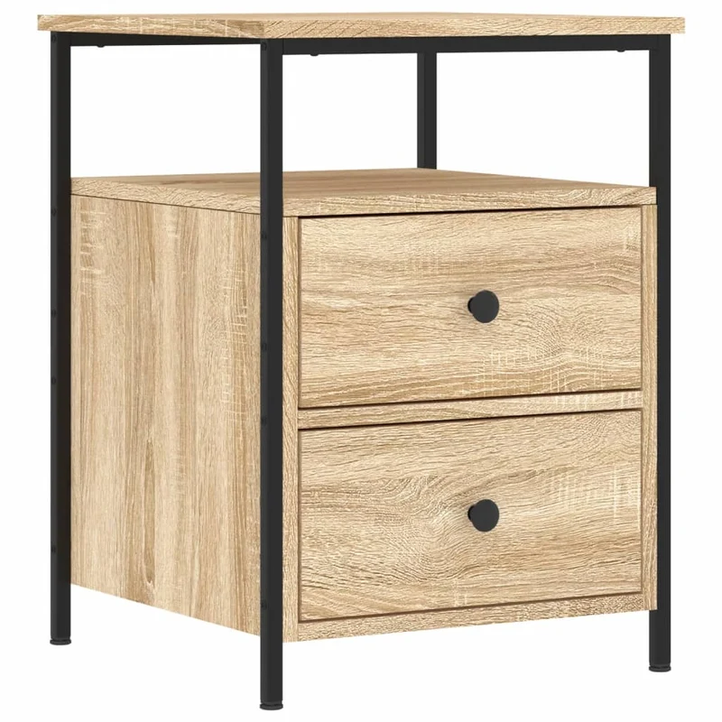 Lot de 2 tables de chevet avec tiroirs et étagère 44 x 45 x 60cm bois d'ingénierie couleur chêne et fer DEC035893