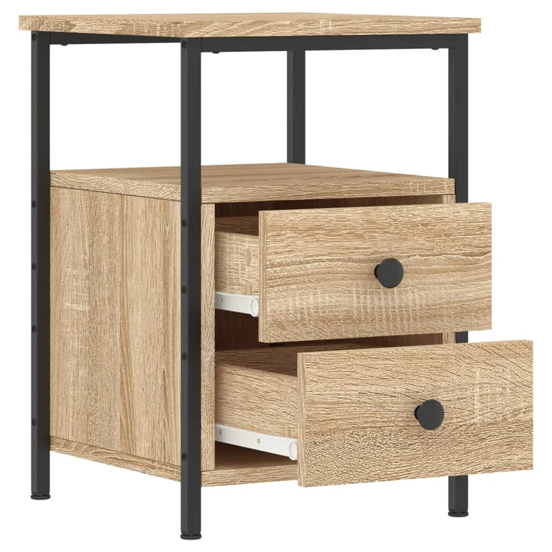 Lot de 2 tables de chevet avec tiroirs et étagère 34 x 35,5 x 50cm bois ingénierie couleur chêne et fer DEC035870
