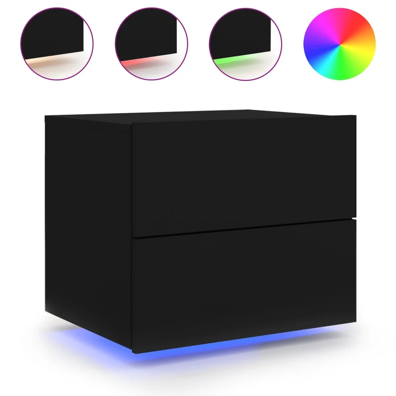Table de chevet murale avec lumières LED et deux tiroirs 50 x 39 x 41 cm bois d'ingénierie noir DEC034202