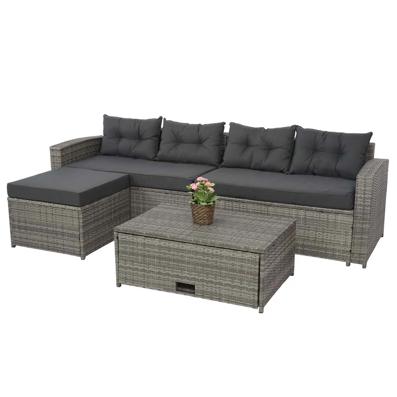 Salon de jardin en polyrotin pour balcon jardin terrasse canapé table basse pouf compartiment de rangement gris coussins gris foncé 04_0004234
