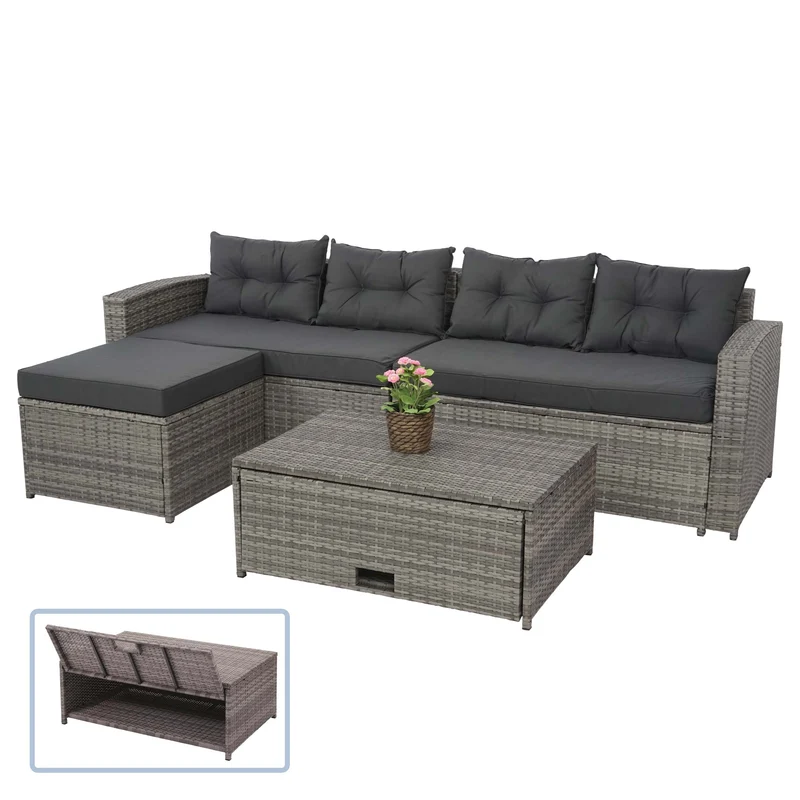 Salon de jardin en polyrotin pour balcon jardin terrasse canapé table basse pouf compartiment de rangement gris coussins gris foncé 04_0004234