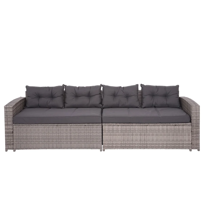 Salon de jardin en polyrotin pour balcon jardin terrasse canapé table basse pouf compartiment de rangement gris coussins gris foncé 04_0004234