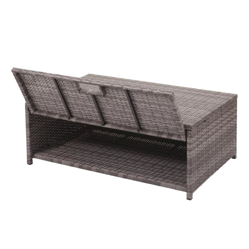 Salon de jardin en polyrotin pour balcon jardin terrasse canapé table basse pouf compartiment de rangement gris coussins gris foncé 04_0004234