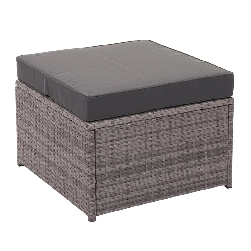 Salon de jardin en polyrotin pour balcon jardin terrasse canapé table basse pouf compartiment de rangement gris coussins gris foncé 04_0004234