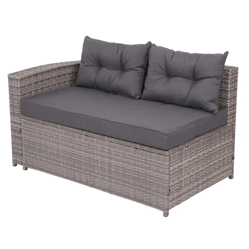 Salon de jardin en polyrotin pour balcon jardin terrasse canapé table basse pouf compartiment de rangement gris coussins gris foncé 04_0004234