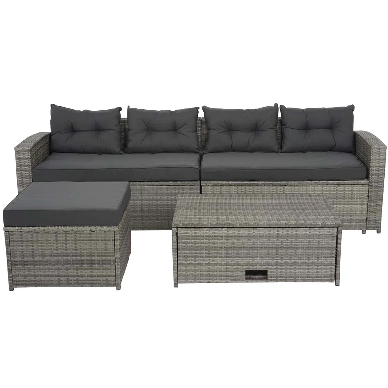 Salon de jardin en polyrotin pour balcon jardin terrasse canapé table basse pouf compartiment de rangement gris coussins gris foncé 04_0004234