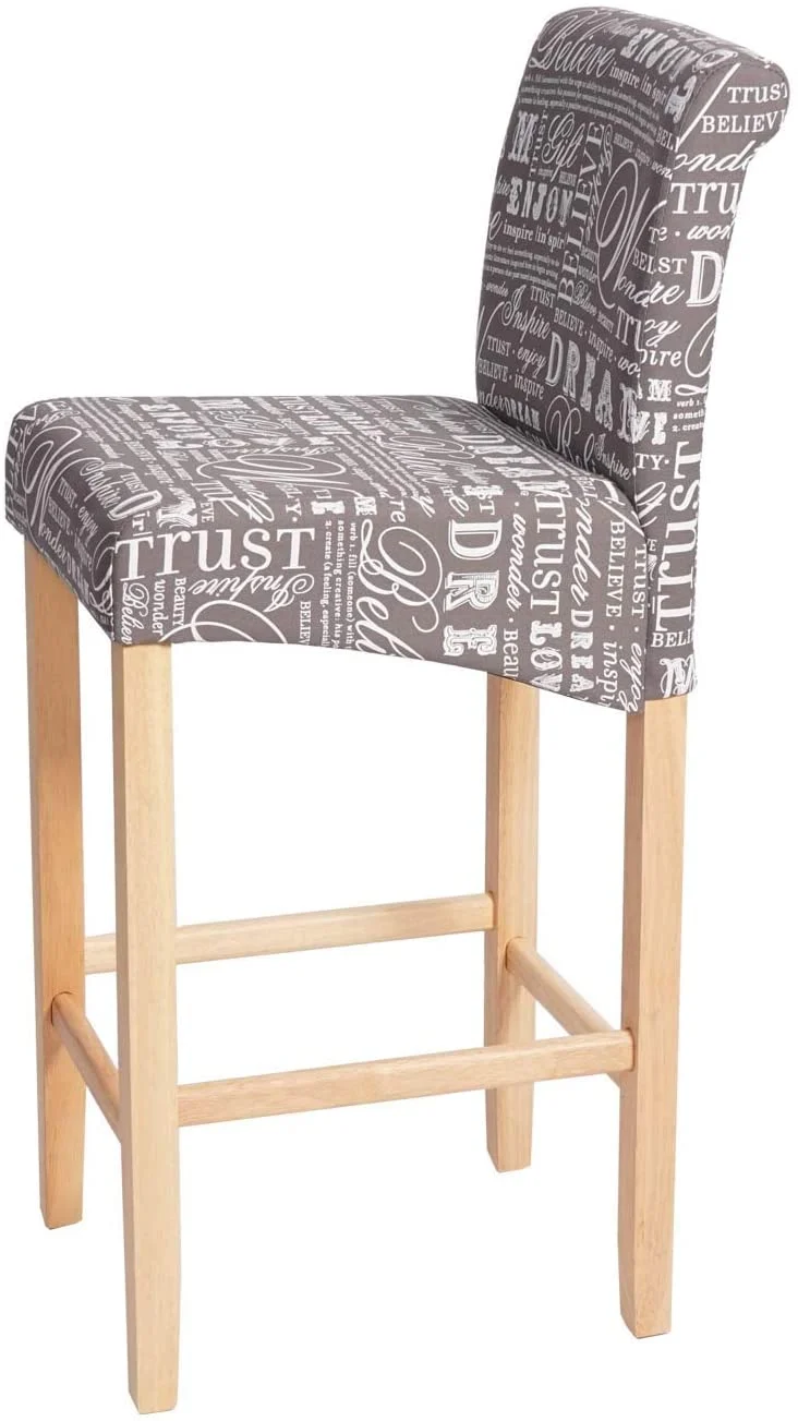 Lot de 2 tabourets de bar en tissu motif écriture gris pieds clairs avec repose pieds TDB04075