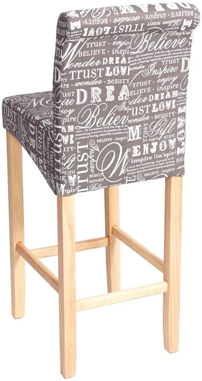 Lot de 2 tabourets de bar en tissu motif écriture gris pieds clairs avec repose pieds TDB04075