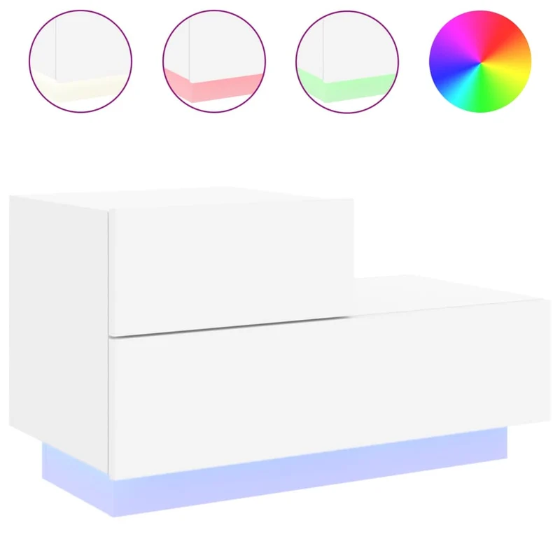 Table de chevet avec lumières LED avec espace de rangement 70 x 36 x 40,5 cm en bois d'ingénierie blanc DEC033172