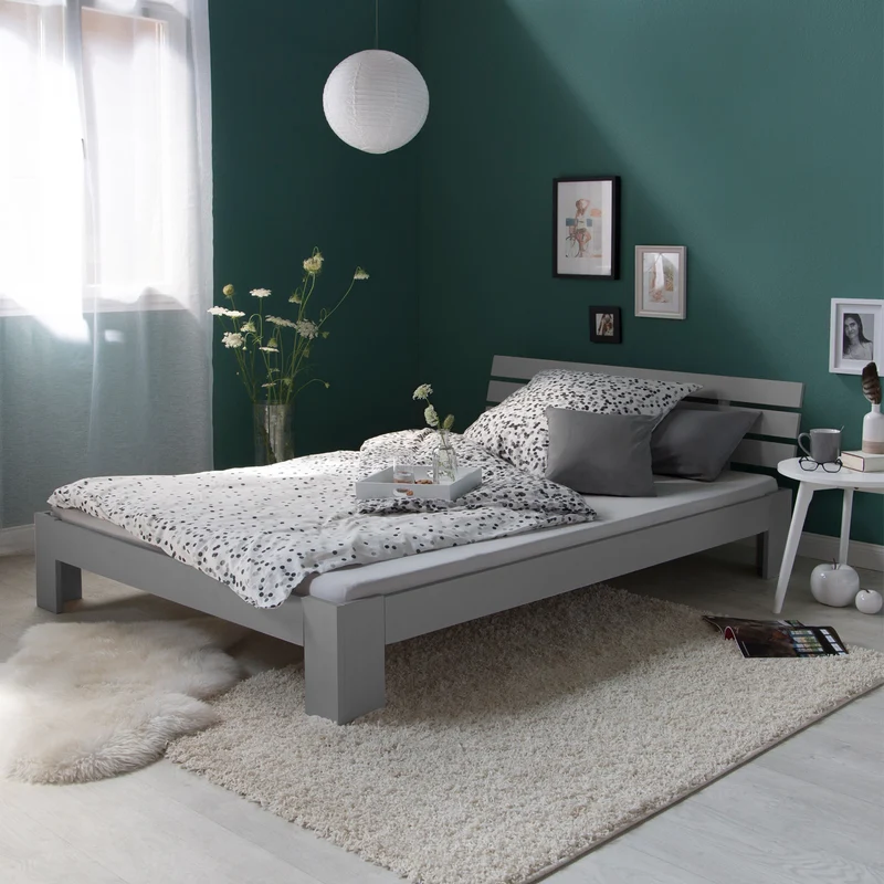 Lit double 2 personnes pour adulte avec sommier à lattes en bois gris 140x 200 cm LIT06209