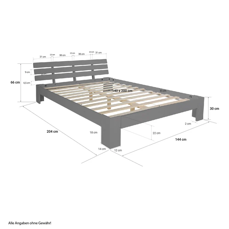 Lit double 2 personnes pour adulte avec sommier à lattes en bois gris 140x 200 cm LIT06209