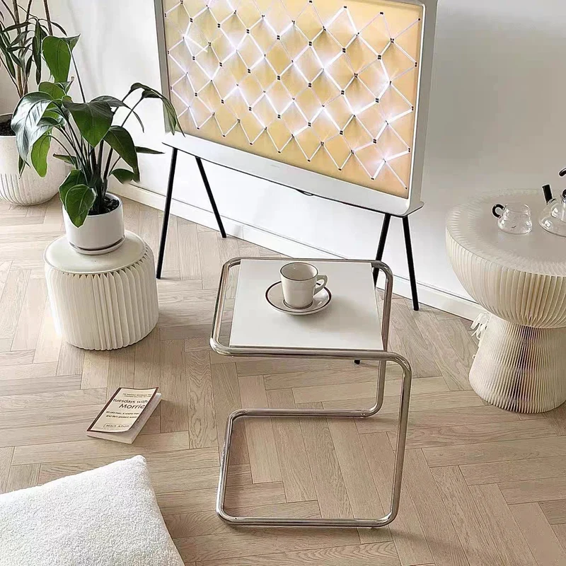 Modern Minimalist Rectangle C-Shape MDF Stainless Steel End Table For Living Room