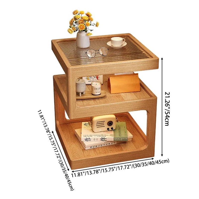 Traditional Vintage Square Glass Top Rubberwood Plywood End Table 3-Tier For Living Room