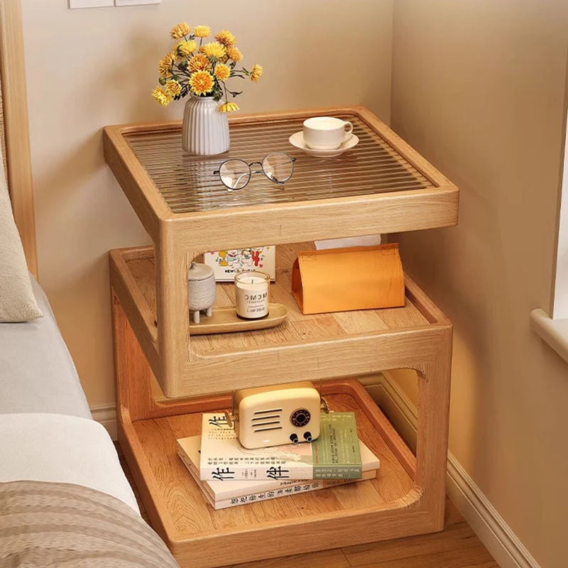 Traditional Vintage Square Glass Top Rubberwood Plywood End Table 3-Tier For Living Room
