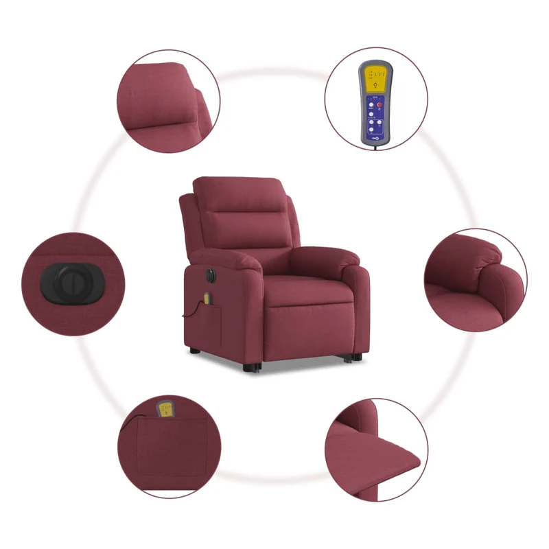 Fauteuil de relaxation fonction massage et inclinable levage électrique en tissu rouge bordeaux DEC027847