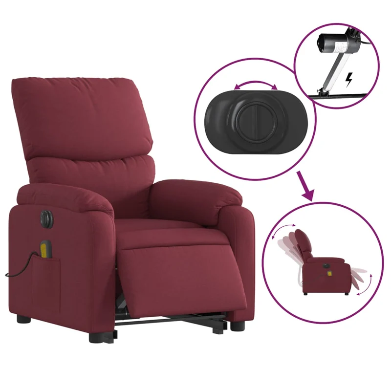 Fauteuil de relaxation fonction massage et inclinable levage électrique en tissu rouge bordeaux DEC027845