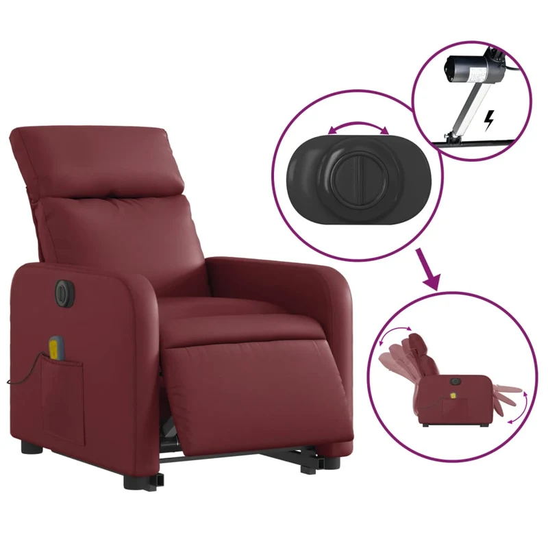 Fauteuil de relaxation fonction massage et inclinable levage électrique en PVC rouge bordeaux DEC027837