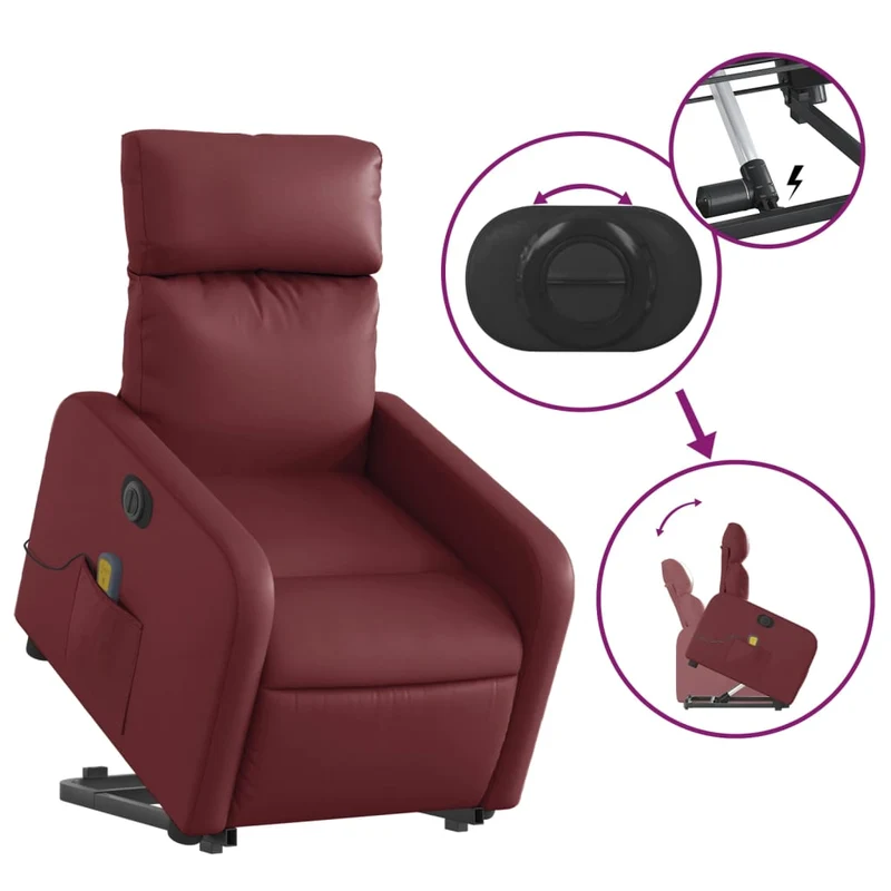 Fauteuil de relaxation fonction massage et inclinable levage électrique en PVC rouge bordeaux DEC027837