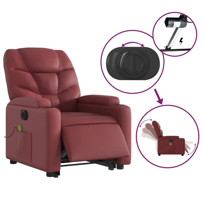 Fauteuil de relaxation fonction massage et inclinable levage électrique en PVC rouge bordeaux DEC027835