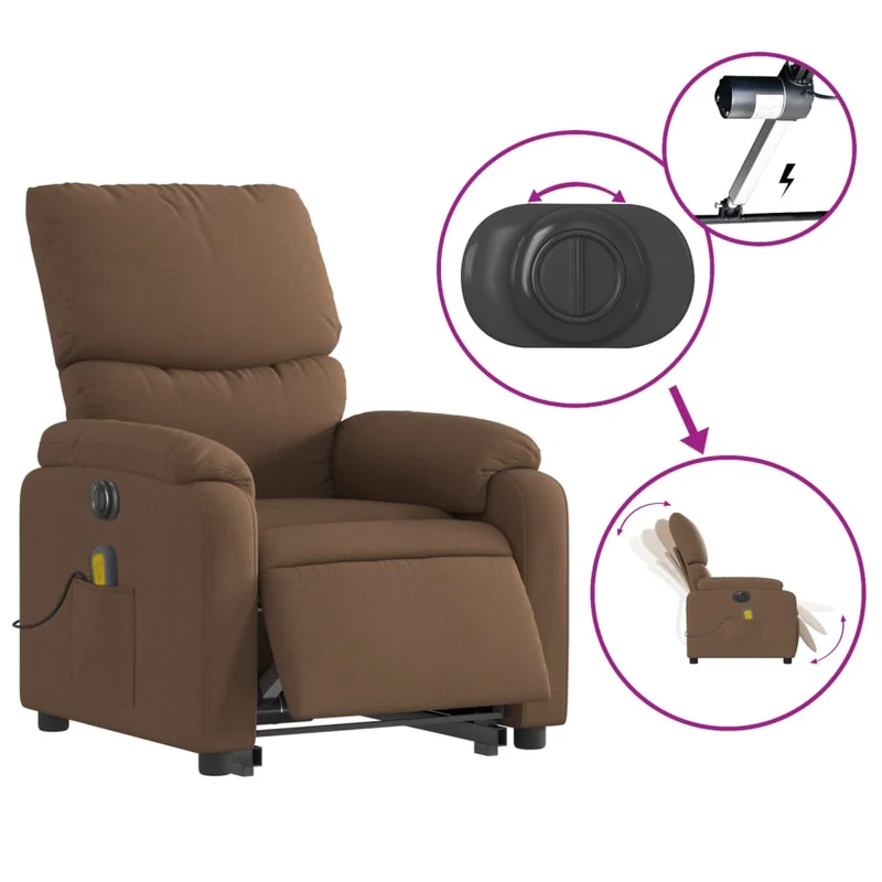 Fauteuil de relaxation fonction massage et inclinable levage électrique en tissu marron DEC027784