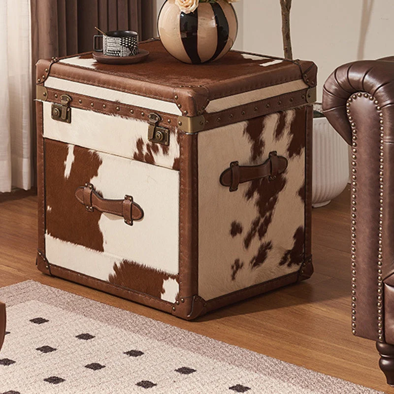 Traditional Vintage Cow Square Oil Wax Leather Cowhide Leather Contact Surface Veneer End Table 2-Tier For Living Room