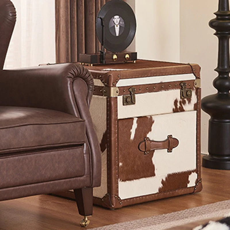 Traditional Vintage Cow Square Oil Wax Leather Cowhide Leather Contact Surface Veneer End Table 2-Tier For Living Room