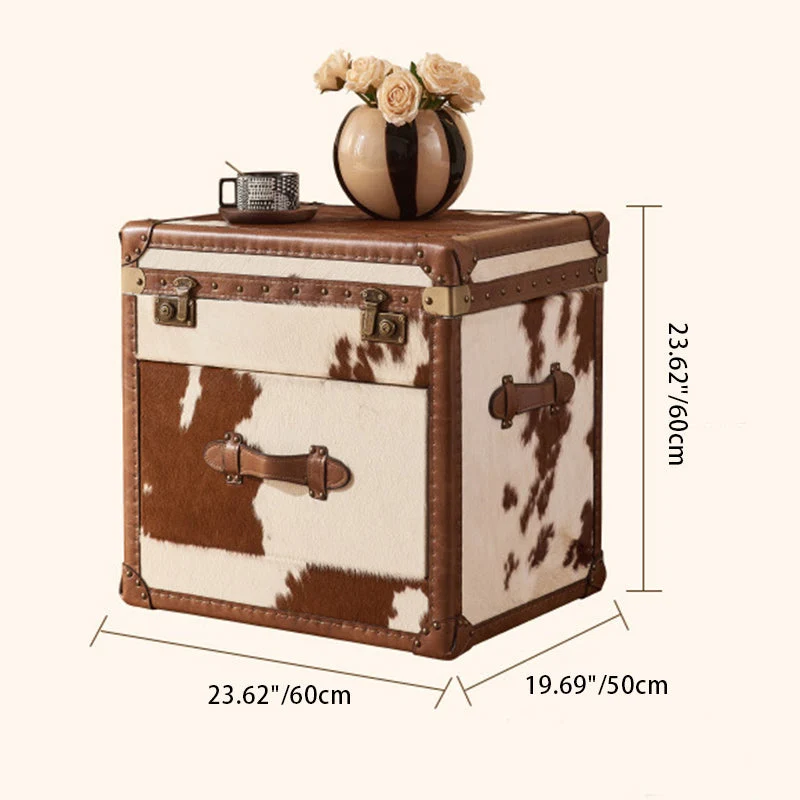 Traditional Vintage Cow Square Oil Wax Leather Cowhide Leather Contact Surface Veneer End Table 2-Tier For Living Room