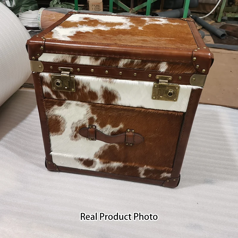Traditional Vintage Cow Square Oil Wax Leather Cowhide Leather Contact Surface Veneer End Table 2-Tier For Living Room