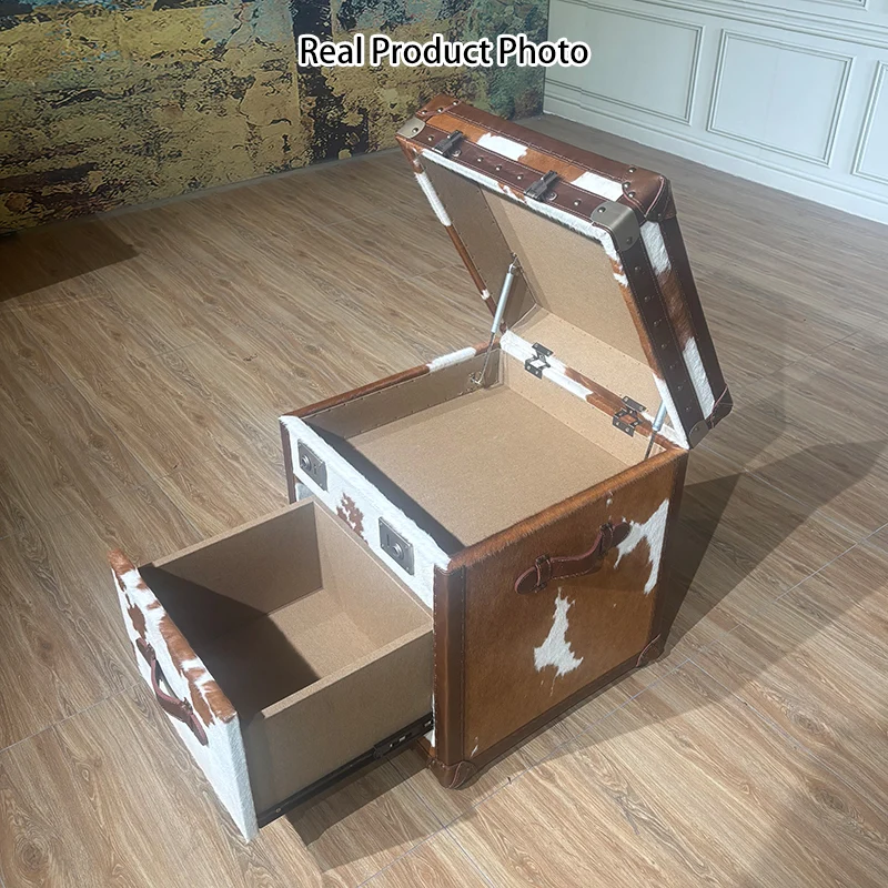 Traditional Vintage Cow Square Oil Wax Leather Cowhide Leather Contact Surface Veneer End Table 2-Tier For Living Room