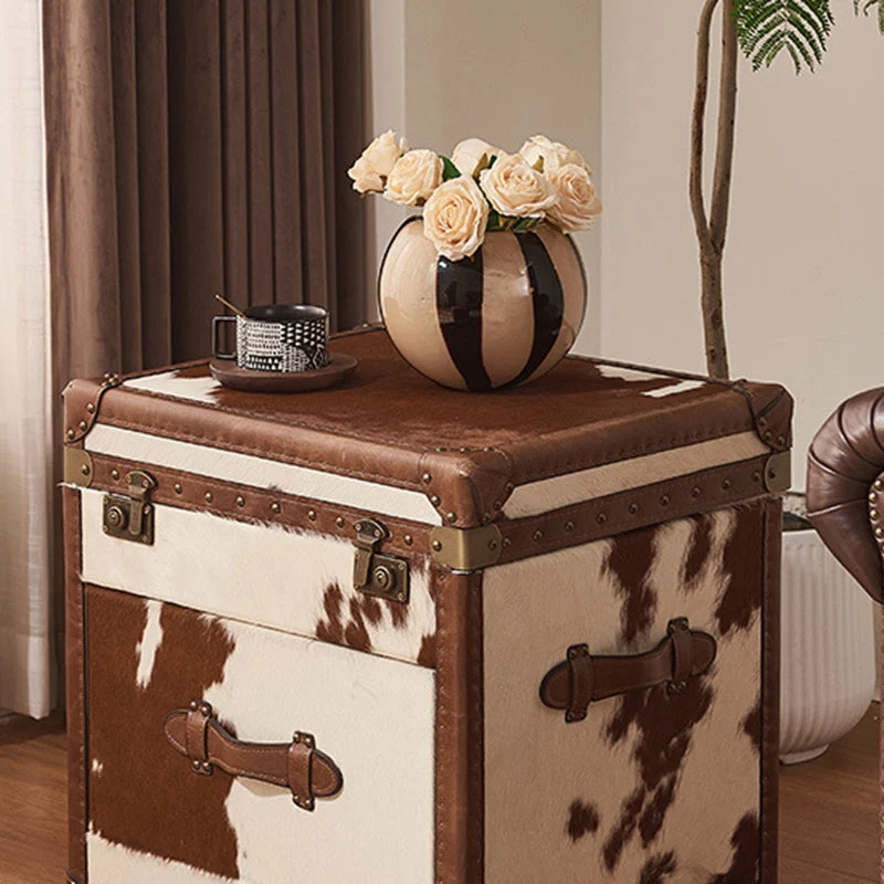 Traditional Vintage Cow Square Oil Wax Leather Cowhide Leather Contact Surface Veneer End Table 2-Tier For Living Room
