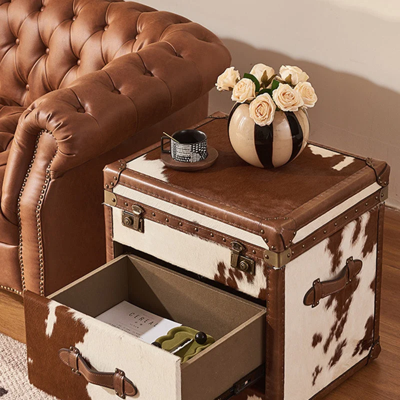 Traditional Vintage Cow Square Oil Wax Leather Cowhide Leather Contact Surface Veneer End Table 2-Tier For Living Room