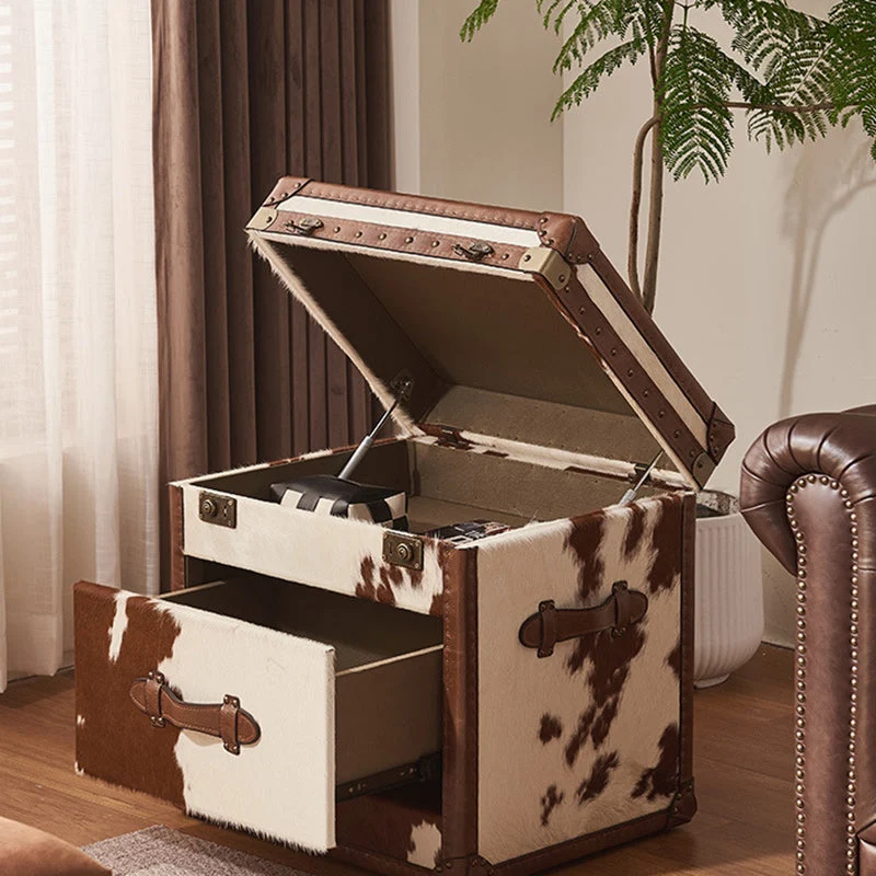 Traditional Vintage Cow Square Oil Wax Leather Cowhide Leather Contact Surface Veneer End Table 2-Tier For Living Room