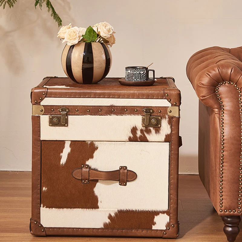 Traditional Vintage Cow Square Oil Wax Leather Cowhide Leather Contact Surface Veneer End Table 2-Tier For Living Room